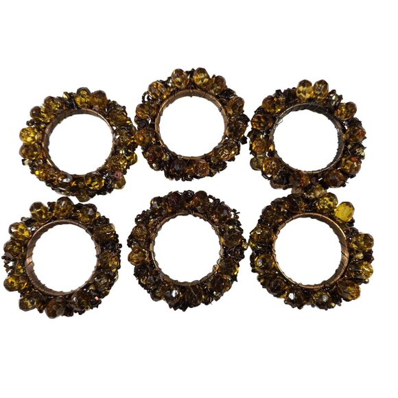 Brown Amber tone Beaded Napkin Rings Wire Wrap Design autumn Thanksgiving - Picture 2 of 4